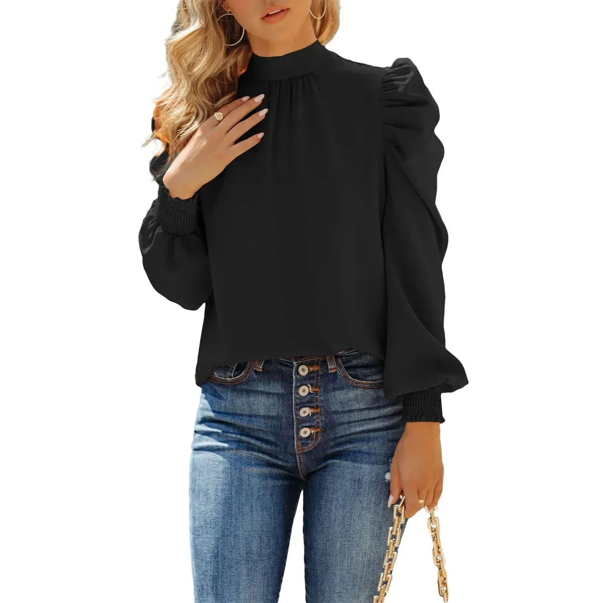Prowow Women Shirts Back Bow Tops Clothes for Lady Solid Color Puff Long Sleeve Blouses Outfits Basic Female Blusas Mujer
