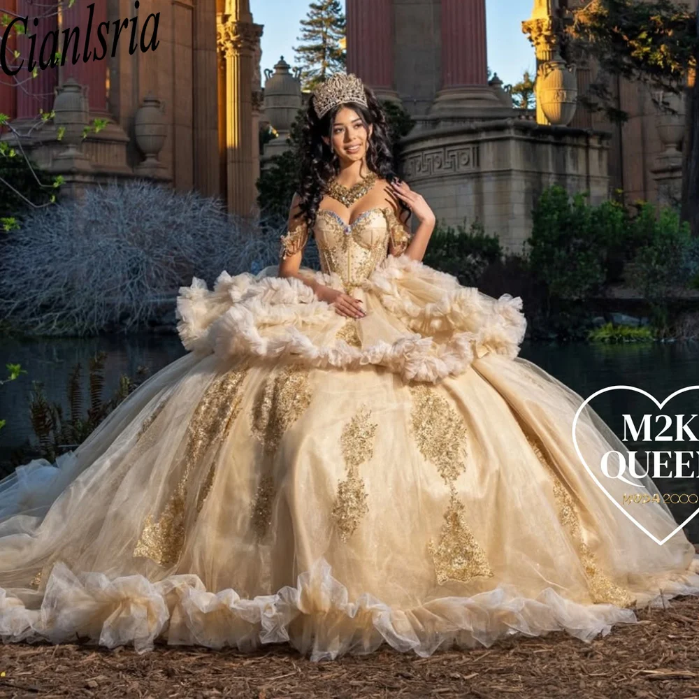

Платья для Quinceanera цвета шампань, бальные платья с открытыми плечами, аппликациями и оборками, мексиканские платья для Sweet 16, 15 Anos, на заказ