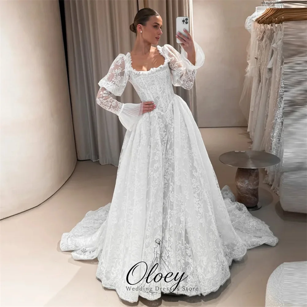 OLOEY Gorgeous Square Neck Lace Wedding Dresses For Woman Puff Long Sleeve A-Line Bridal Gown Customized Vestidos De Novia