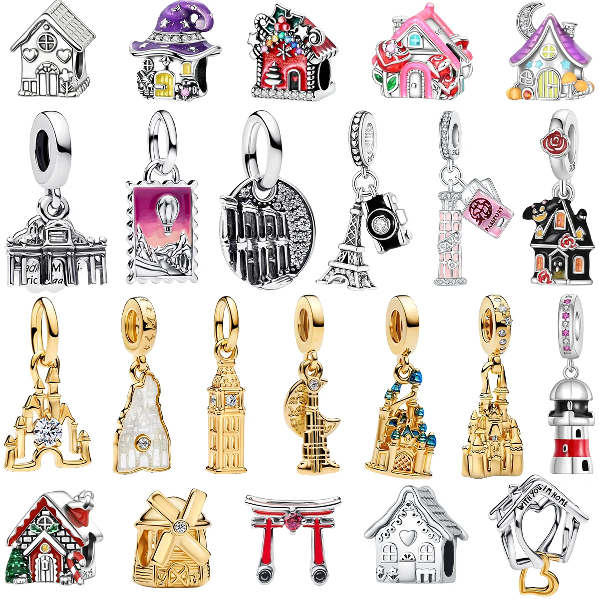 New Original 925 Sterling Silver Charms Building House Castle Tower Beads Pendant Bracelets Necklaces Womens DIY Jewelry Gift
