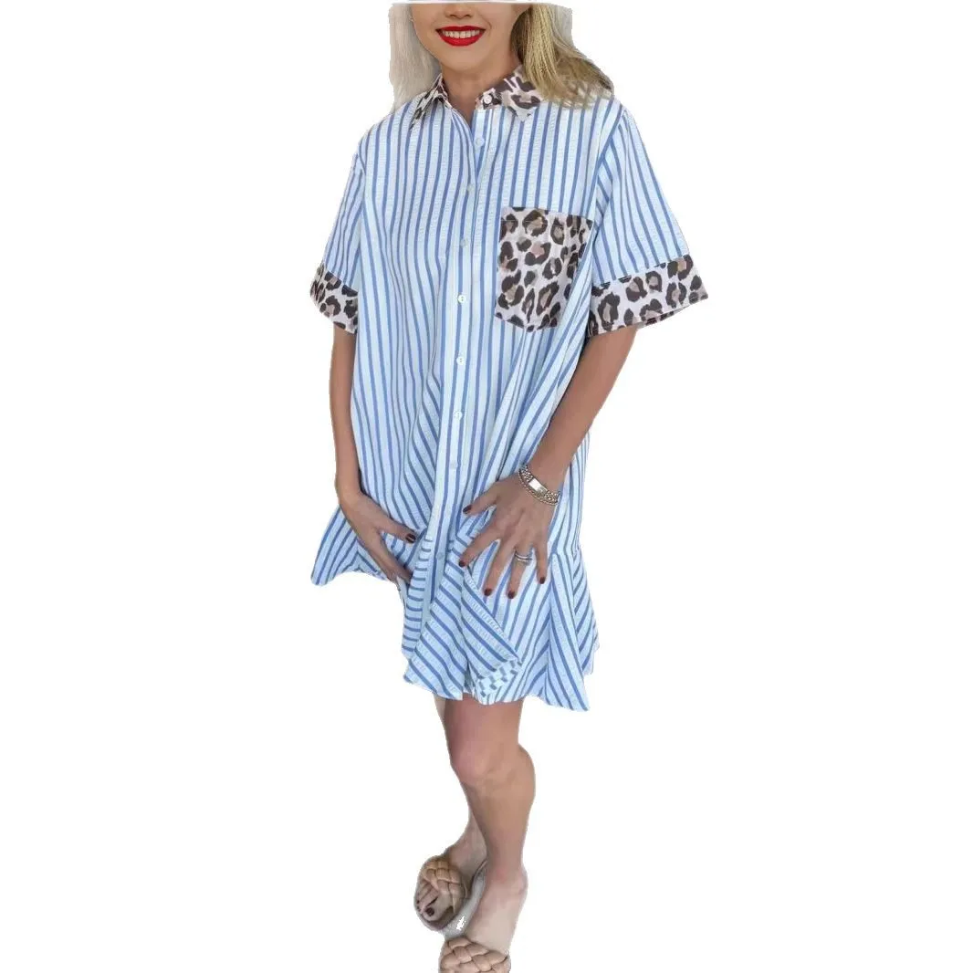 2025 Summer Fashion Women's Casual Trendy Striped Turn-down Collar Short Sleeve Above Knee Length Shirt Dresses Female Clothes