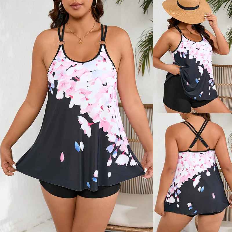 

Flat corner print tankini conservative split swimsuit women's swimsuit spot 2025 new model