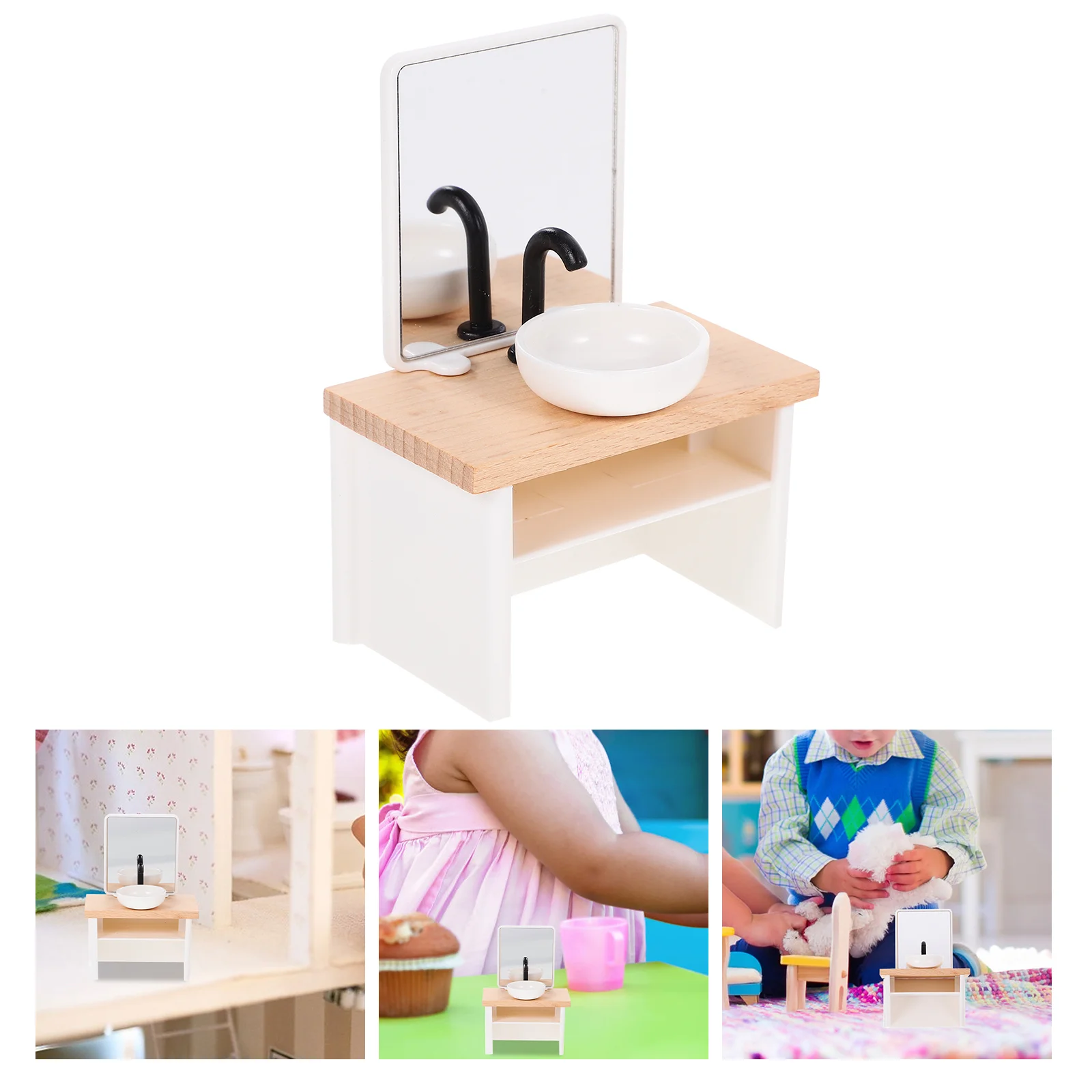 

Mini Washroom Home Decor House Adornment Ornaments Wood Bathroom Sink Plastic Miniature Cabinet Model Child Washing Basin