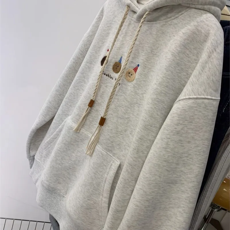 women's knitted shirt Classic solid hoodie Grey embroidered plush thick Autumn/Winter Loose Hooded Top Women's shirt