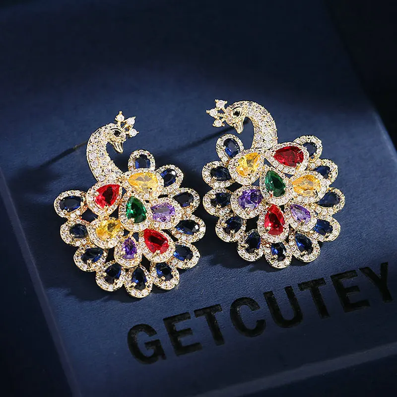 

1pair Elegant Colorful CZ Peacock Earring Studs for Woman Gift Ear Accessories