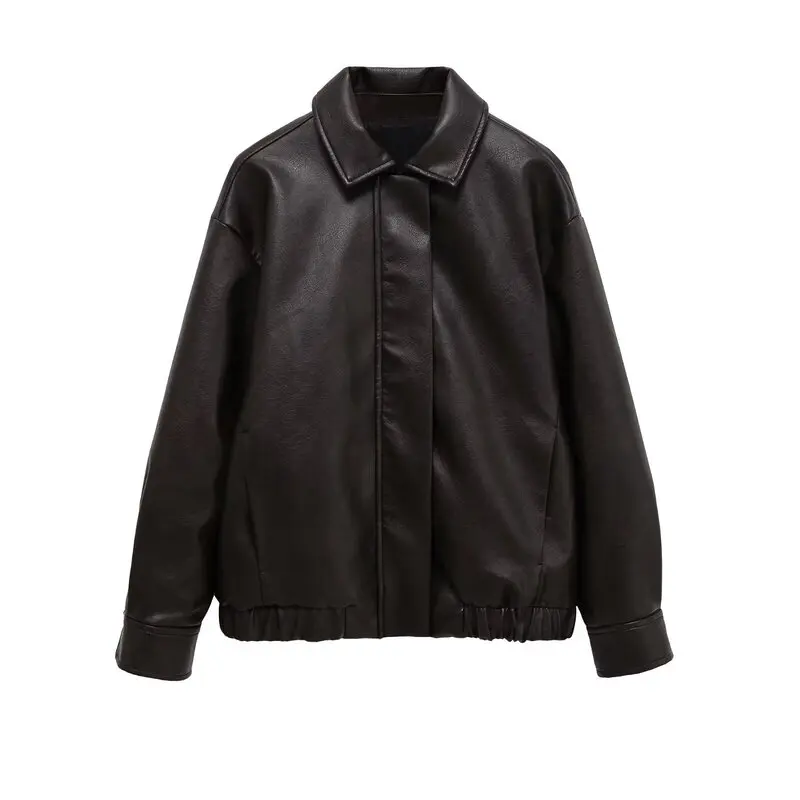 Fall 2025 Women's Leather Pilot Jaet Long Sve Turn-down Collar Outerwear Sli European Sle Ladies ort Coat