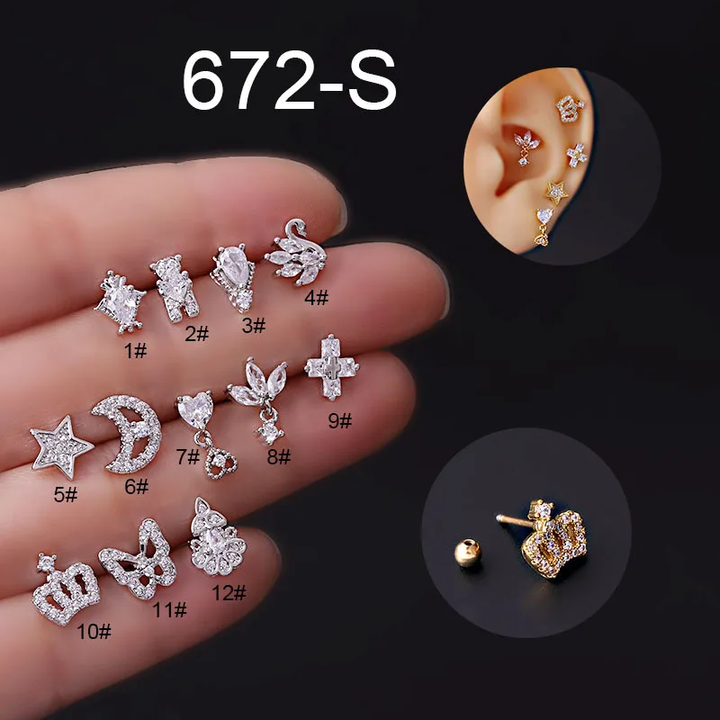 1Pcs 20G Stainless Steel Zircon Cartilage Earrings Piercing Jewelry Swan Butterfly Ear Conch Helix Snug Screw Back Earring Studs