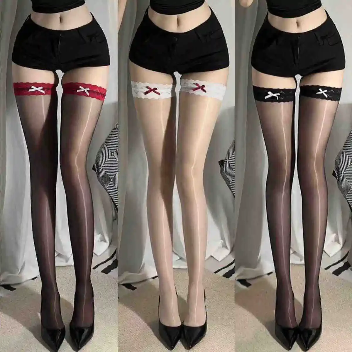 

Thin Lace Bow Silky Long Stockings Sexy High Knee Socks Thigh Socks Sexy Women Stockings Lingerie Female Hosiery