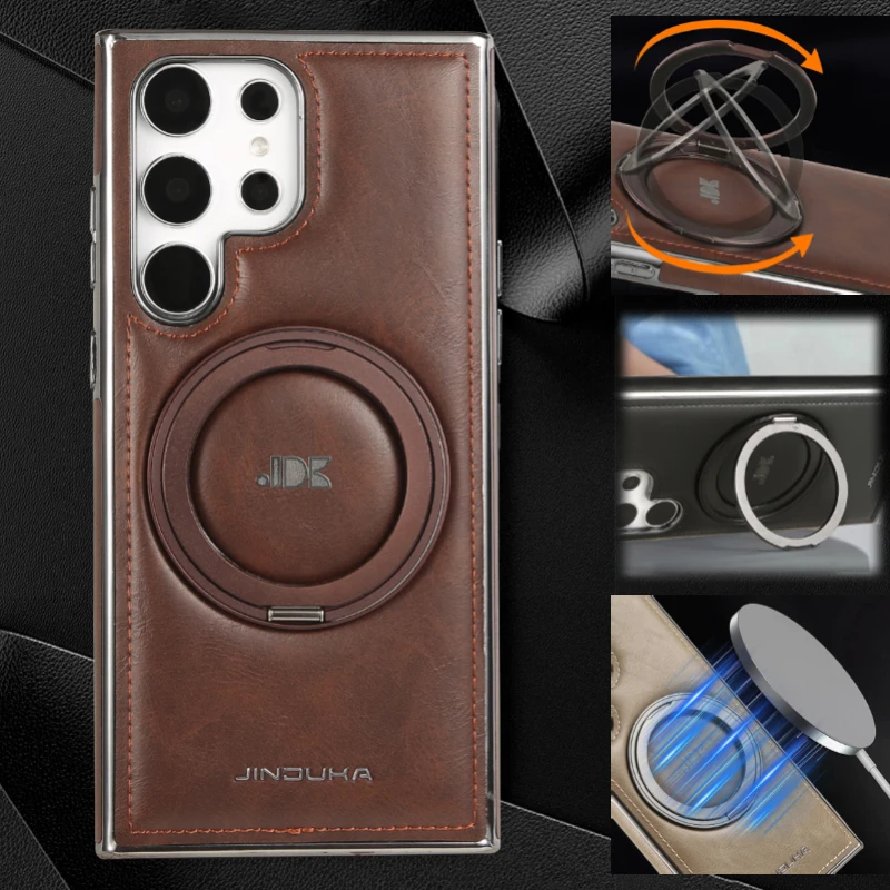 

For Magsafe Magnetic 360°Rotating Metal Car Bracket Ring Solid Color Leather Phone Case For Samsung S24 Ultra S22 S23 Ultra Plus