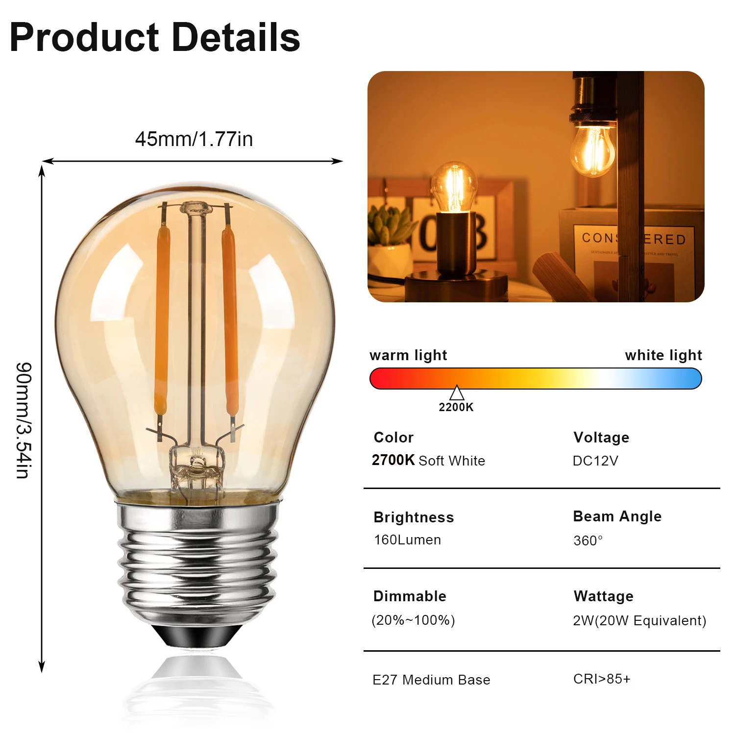 15개 LED 전구 DC12V 전구 G45 램프 E27 2W 에디슨 전구 2700K 앰버 교체용 글로브 전구 LED 캠핑 라이트