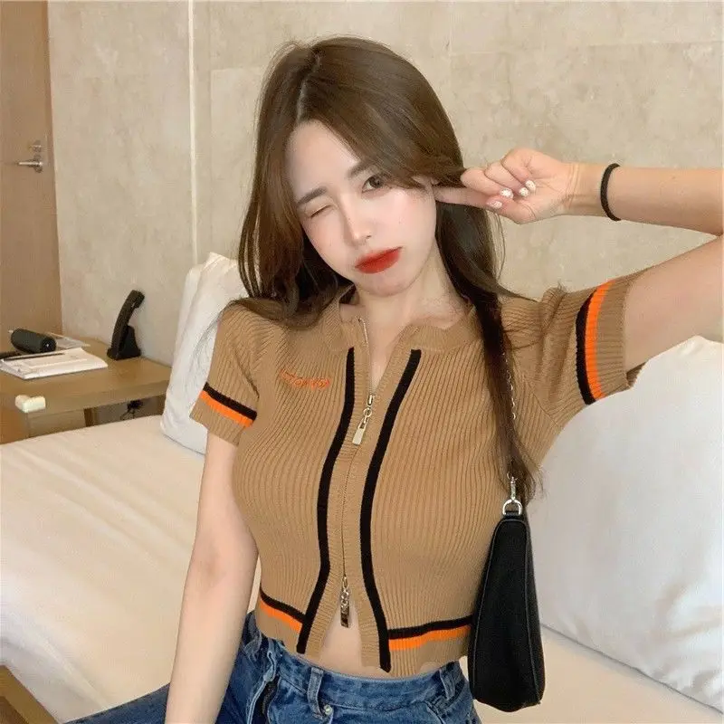 

Summer Temperament Short Sleeve Casual Crop Top T Shirt Zipper Streetwear Luxury Enbroidery O Neck Fashion Harajuku Women Tee