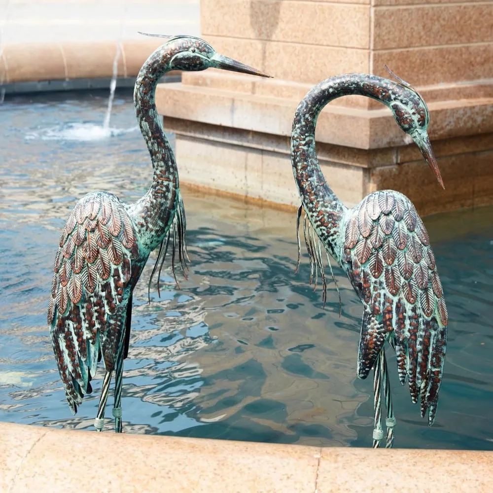 Garden Crane Statues, Standing Metal Patina Heron Decoy Outdoor Statue, 42-46 Inch Bird Yard Art for Patio Lawn Pond, Set of 2