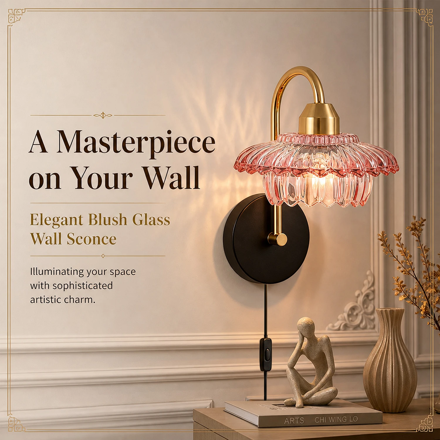 Blush Pink Glass Wall Sconce Plug In Wall Lamp with 3 Color Modes Bedside Wall Light for Bedroom Living Room Hallway Stairway