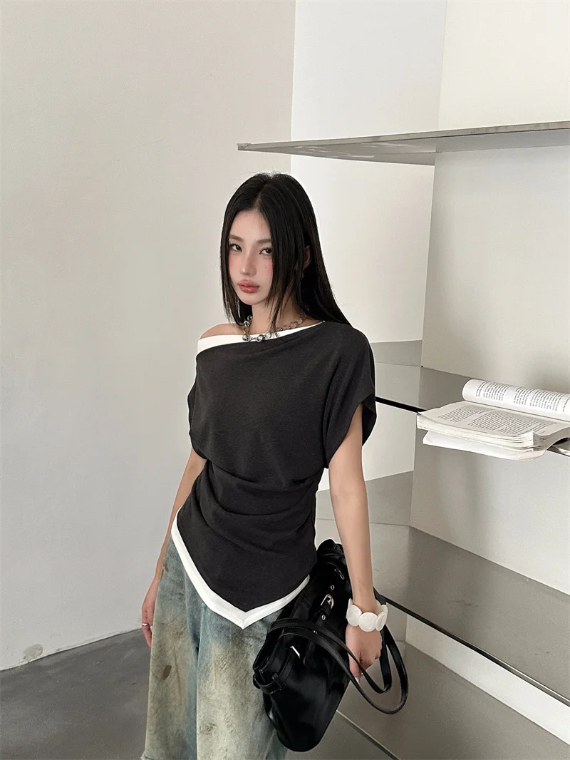 شيرارت قبالة الكتف المرقعة غير المتكافئة للمرأة 2025 الصيف تي شيرت مصمم تيز ملابس علوية صلبة #5