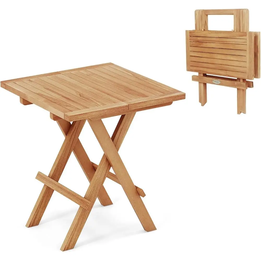 Patio Side Table olding, Teak Wood Square Coee Table w/X-Shaped Legs & Slatted Tabletop, Portable & Compact Outdoor End Table or