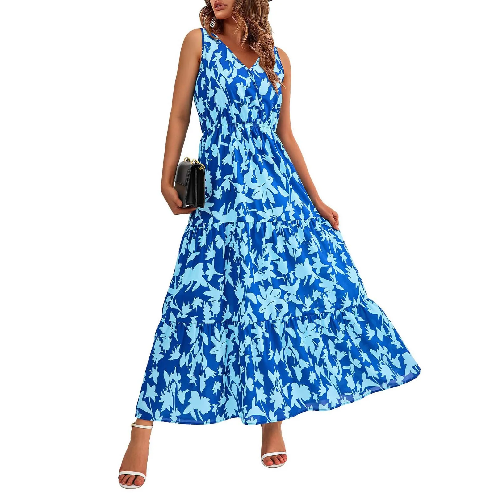 Women'S Flowing Dresses Summer New Casual Resorts Style Long Dresses Daily Date Sweet Floral V-Neck Comfy All-Match Tank Dress