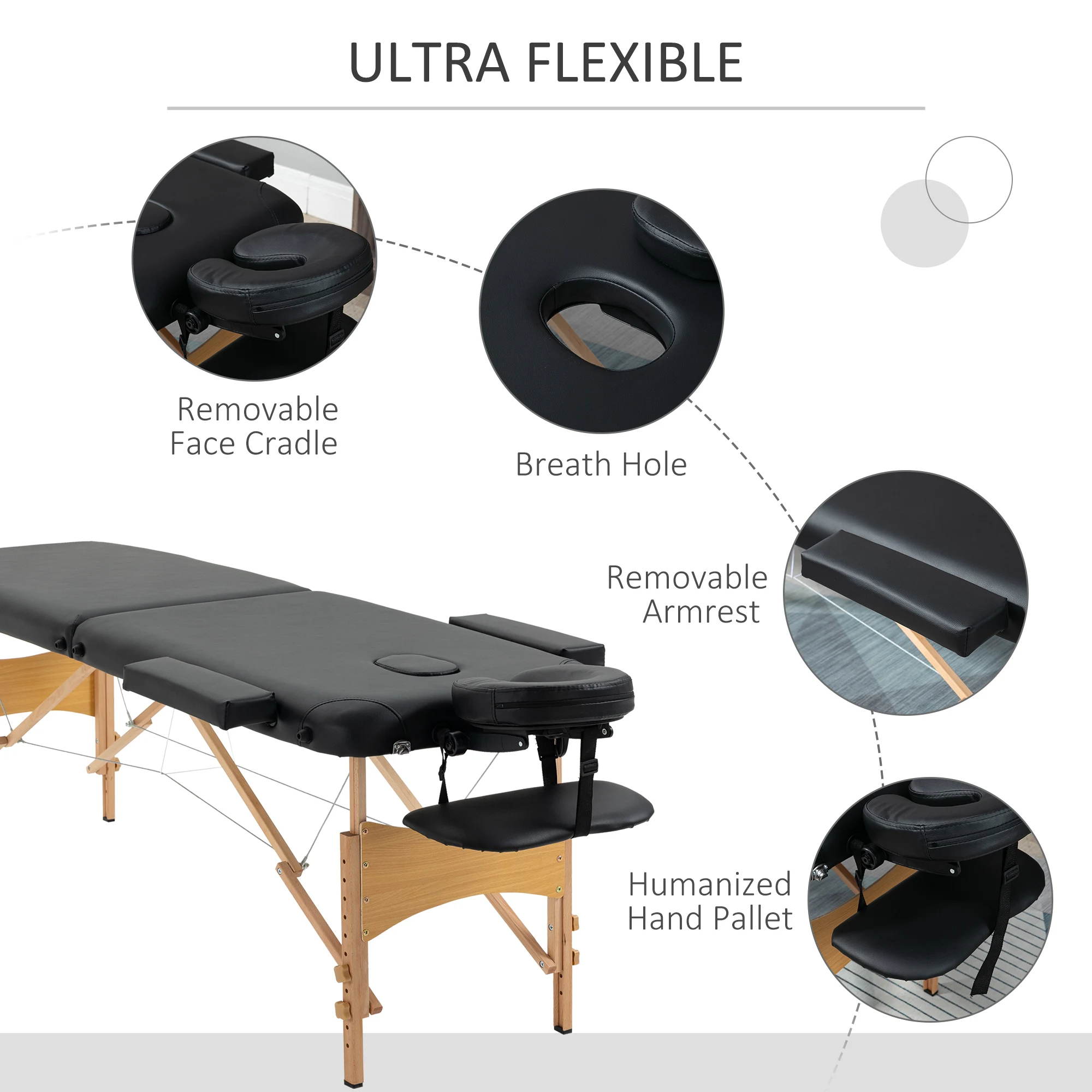 HOMCOM Wooden Folding Spa Beauty Massage Table w/ 2 Sections, Carry Bag