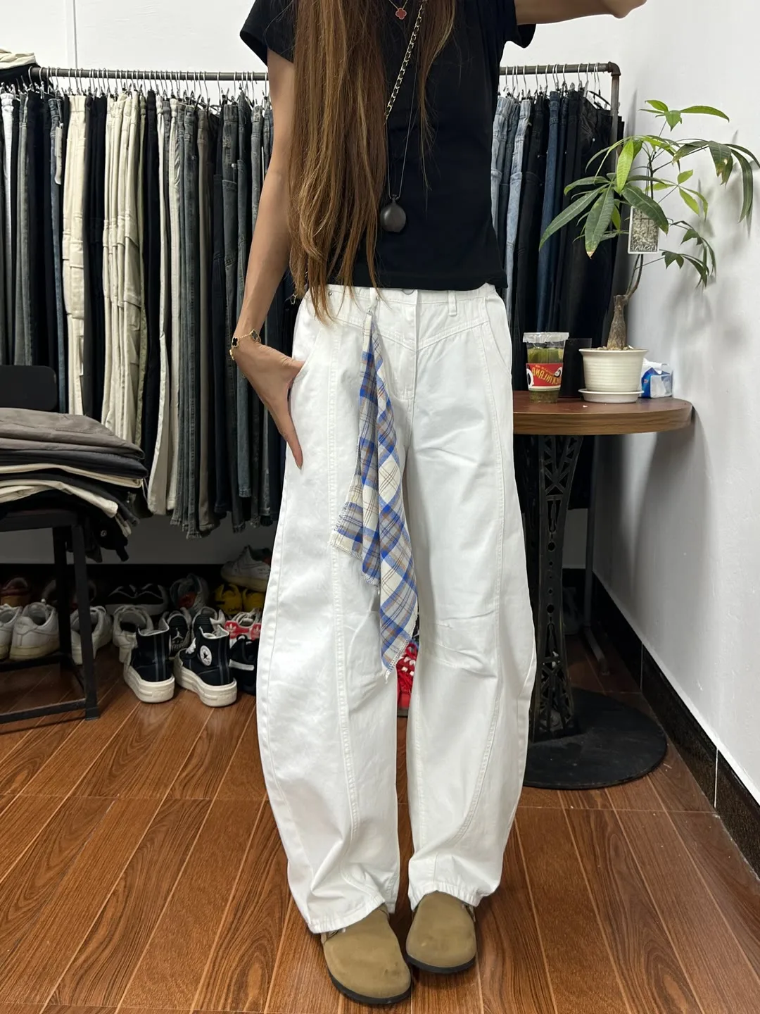 

White Blade Jeans Men Summer Thin Silk Scarf Belt Loose Wide Leg Pants Baggy BF Lazy Sle Scythe Pants High Waist Long Pants
