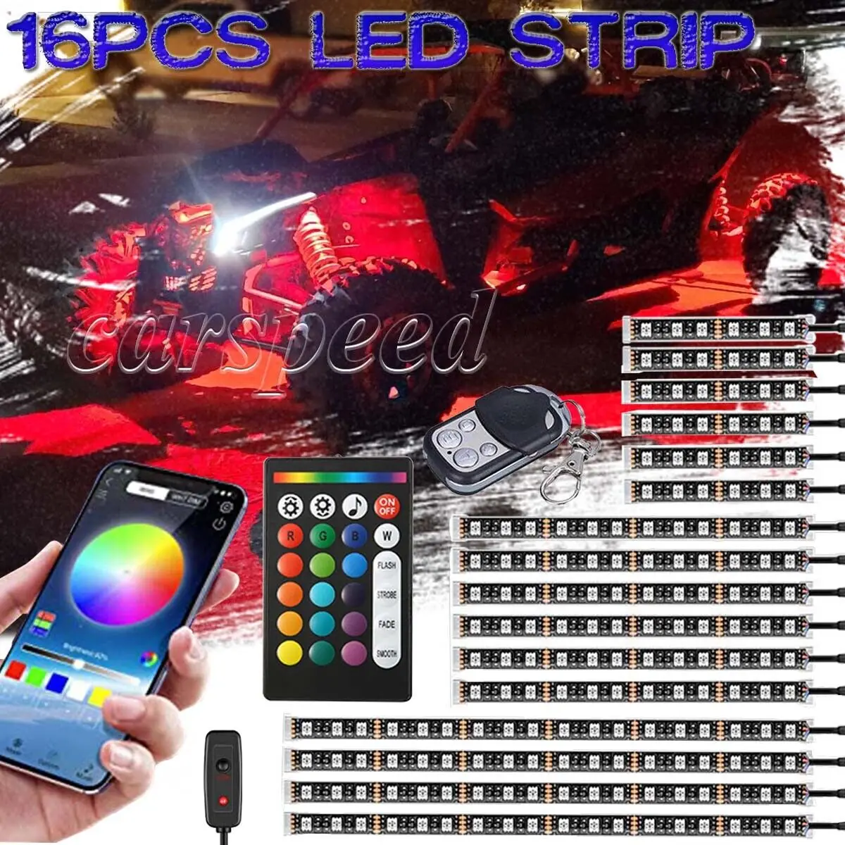 

16pcs Motorcycle RGB LED Neon UnderGlow Strip Light Kit Bluetooth APP/IR/RF Remotes 12V for Harley Honda Kawasaki Suzuki Polaris