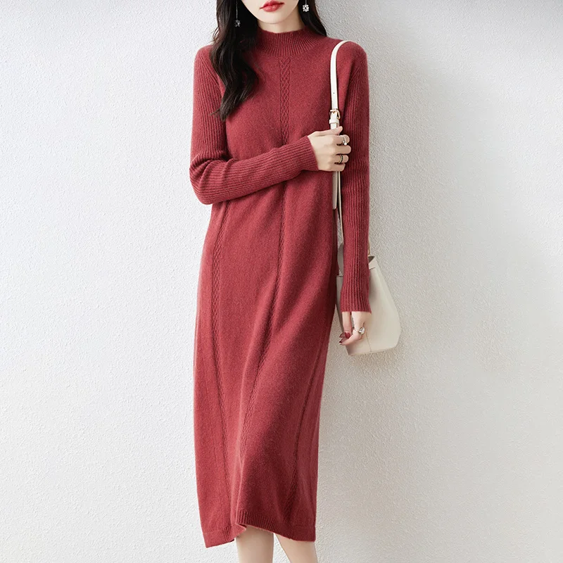 Women's100%Pure Wool Half High Neck Pullover Sweater Dress Luxurious And Warm Long Sleeved Solid Color Autumn/Winter JumpKnitTop