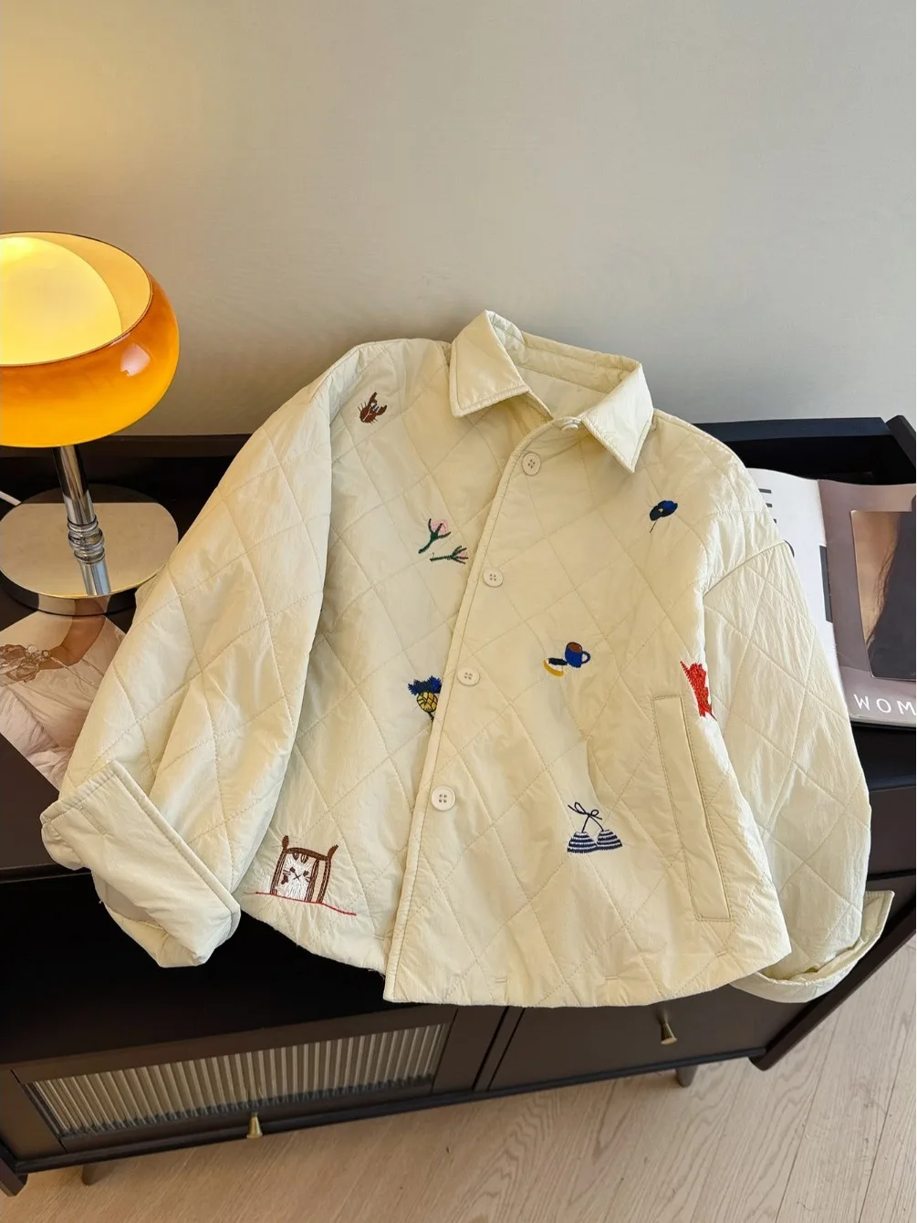 

Ele Embroidered Cotton Jaet Women's Loose Fit Lightweight Collarl Coat Korean Sle Long Sve Winter Outerwear