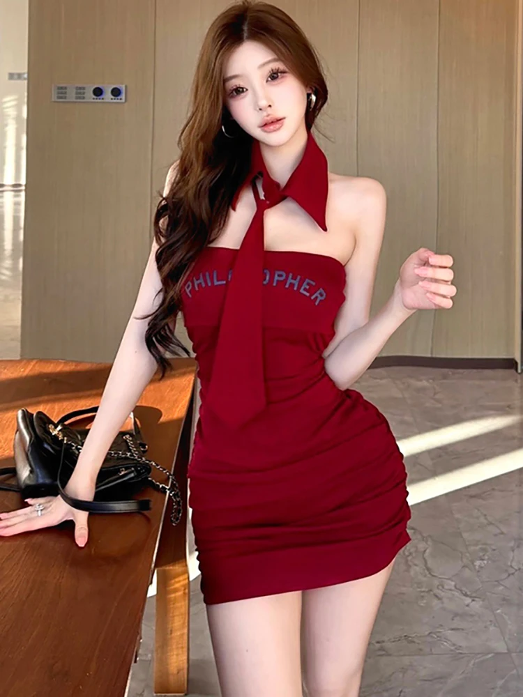 

Red Pleated Bodycon Chic Chest Wrapping Sexy Mini Dress Women Elegant Casual Dress 2026 Korean Fashion Polo Collar Short Dress