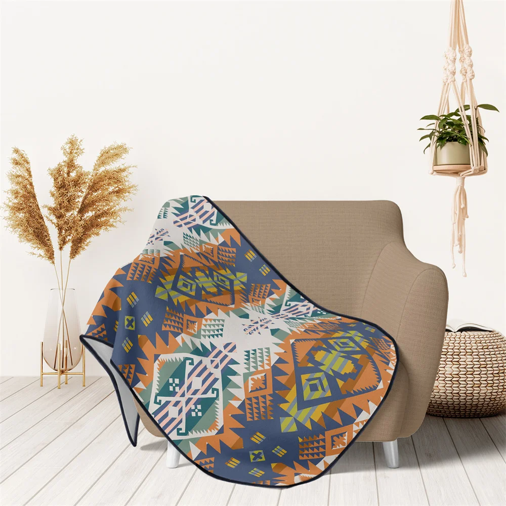 Boho Nordic Ethnic Style Sofa Cover Carpet Throws Blanket Home Blue Orange Stripe Geometric Stripes Fannel Blanket Bedroom Decor