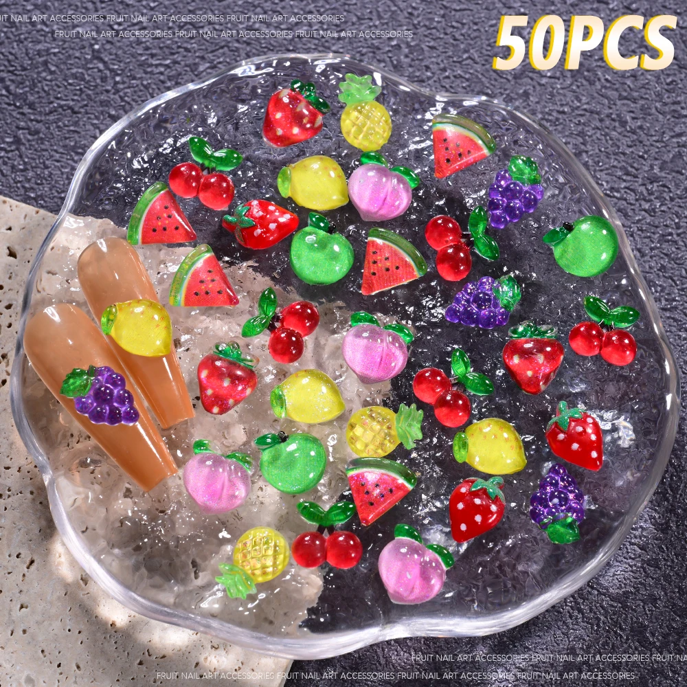 50 szt. - Żywiczne cyrkonie do paznokci w kształcie arbuzu 3D, 8/10/12 mm, letnie owoce, truskawka/wiśnia/brzoskwinia, ozdoby do paznokci DIY, kawaii owoce