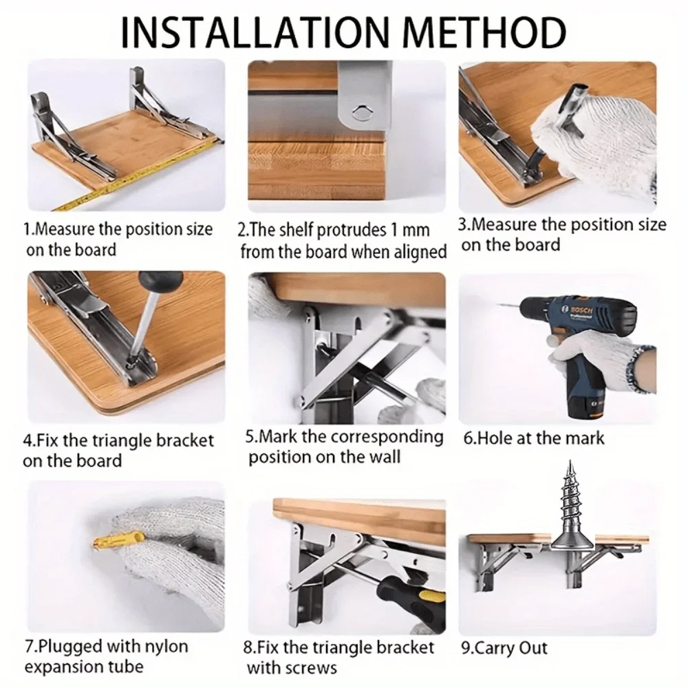 2PCS heavy-duty adjustable folding bracket, carbon steel wall mounted bracket, triangular wall mounted bracket