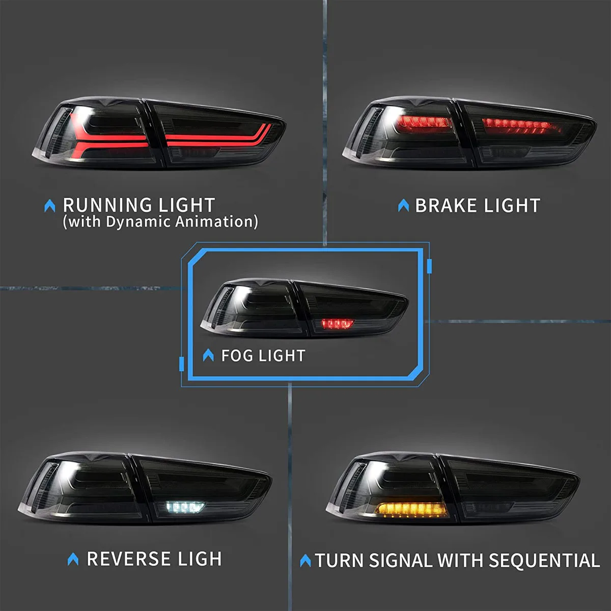 Car LED Lights Taillights For Mitsubishi Lancer & EVO X 2008-2021 Dynamic Animation DRL w/Sequential, Pair Rear Lamp Assembly