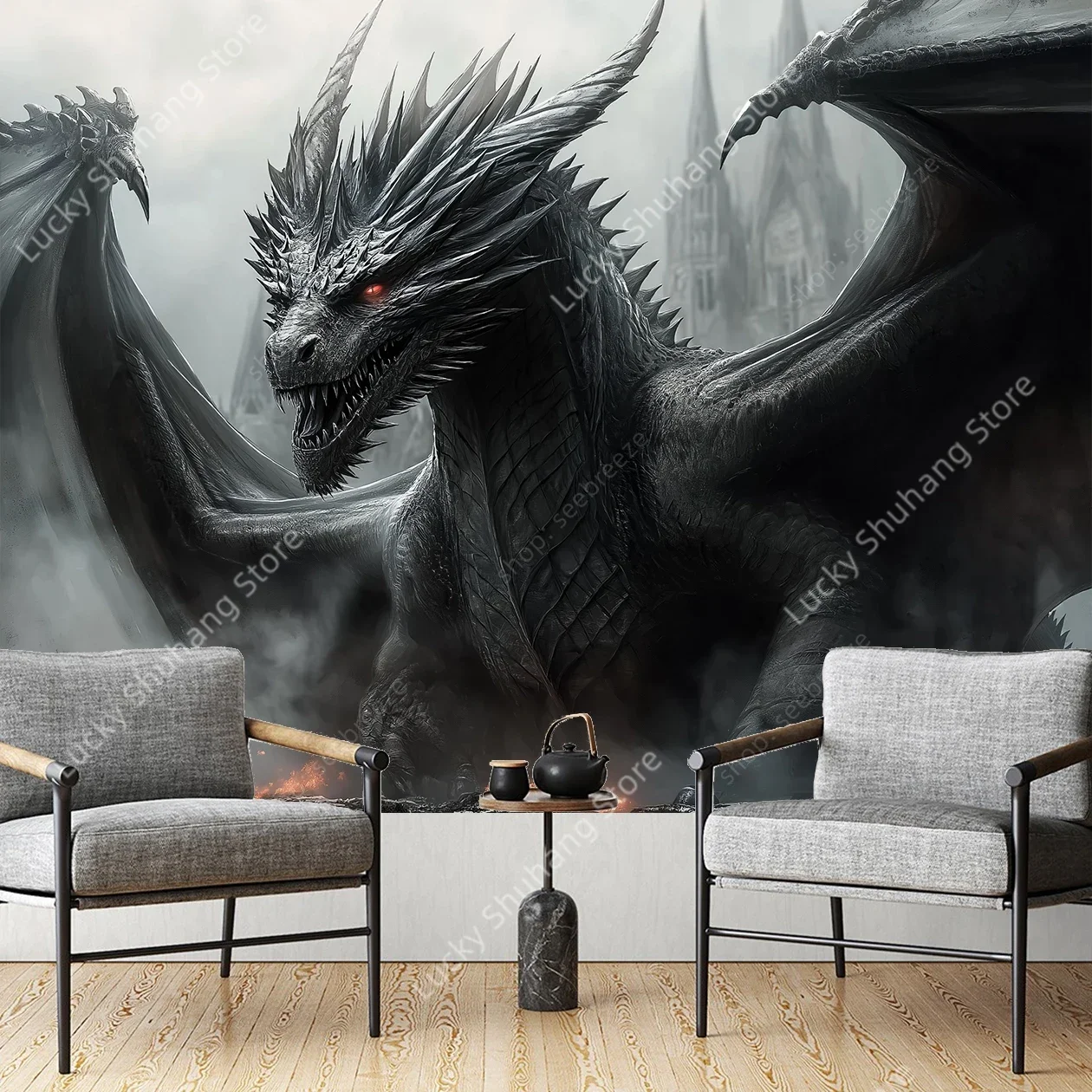 Tapiz de pared de dragón negro, decoración gótica con estampado artístico de fantasía para dormitorio, sala de estar, tema de ciencia ficción, colgante mítico Interior del hogar