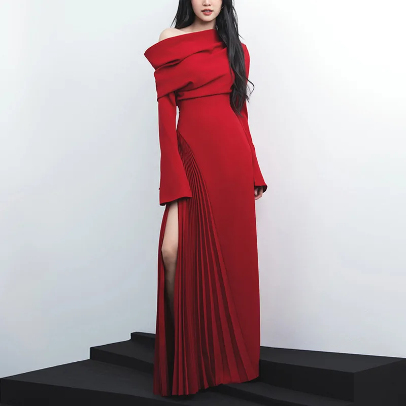 

Autumn Style Women's Red Dress Young Mature Sophisticated Style Asymmetrical Neckline Ruched Flared Sleeves Pleated with Slit