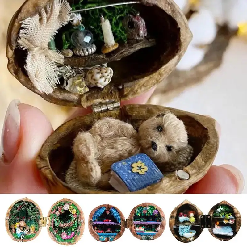 Walnut Shell Dollhouse Tiny World Inside Walnuts Resin Miniature Dollhouse Kit Handmade Mini Library 3D Children Toy Gift