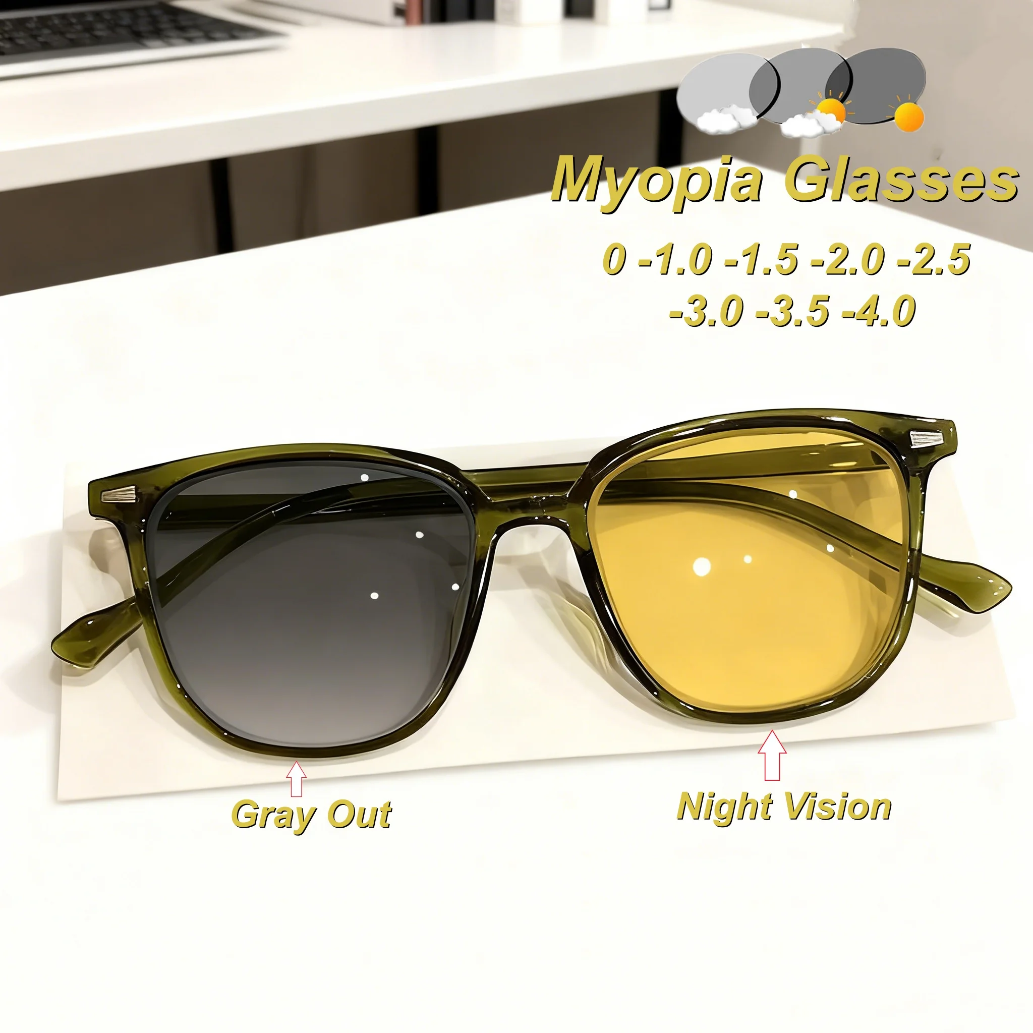 

New Fashion Large Frame Night Vision Photochromic Women's Myopia Glasses Outdoor Ultra Light Neutral Night Driving Glasses