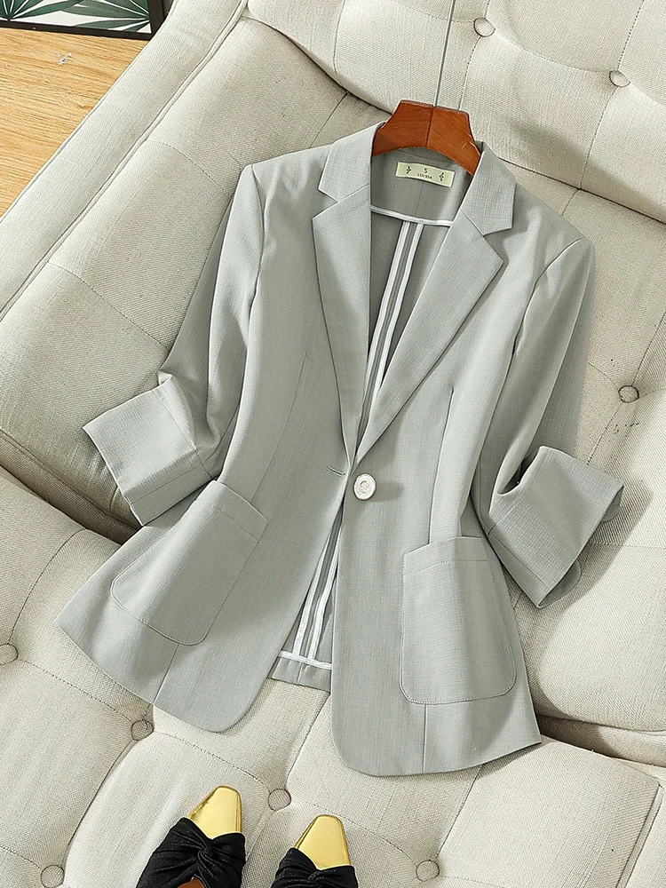 Light Blue Women's Slim Fit Short Sleeve Suit Jacket Spring Summer New Style Thin Material Seven Sleeve Business Top