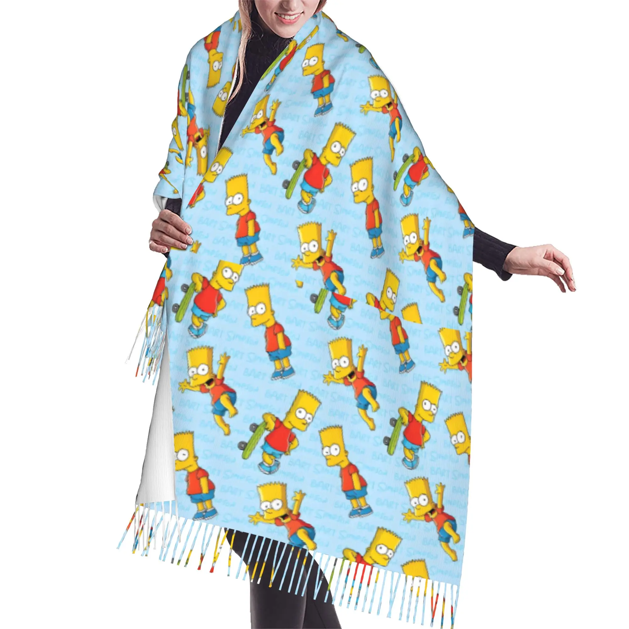 Custom S-Simpsonsed Anime Scarf Wrap for Women Long Winter Fall Warm Tassel Shawl Unisex Homer Cartoon Scarves