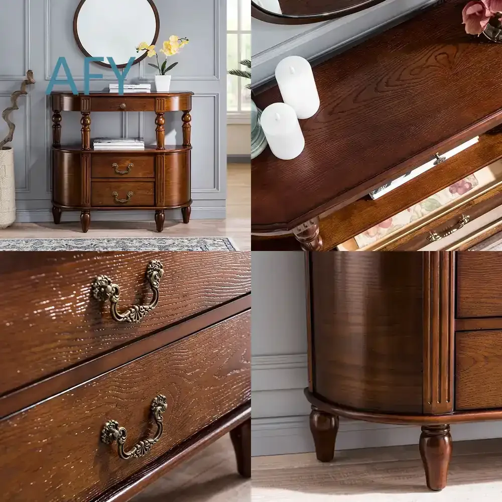 American Solid Wood Dining Side Cabinet for Living Room Hallway Corridor Wall Entryway Narrow Semi Round Storage Cabinet