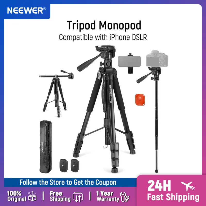 

NEEWER BASICS 74.4" Video Tripod Monopod 3 Way Pan Tilt Head Remote Overhead Camera Mount For Phone DSLR Telescope Projector