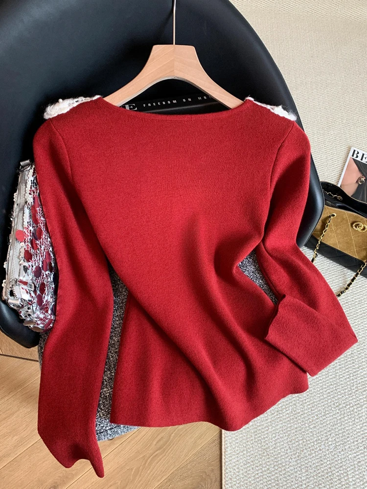 Hollow out lace doll neck knitted sweater women autumn and winter chic small fragrance style temperament elegant base top