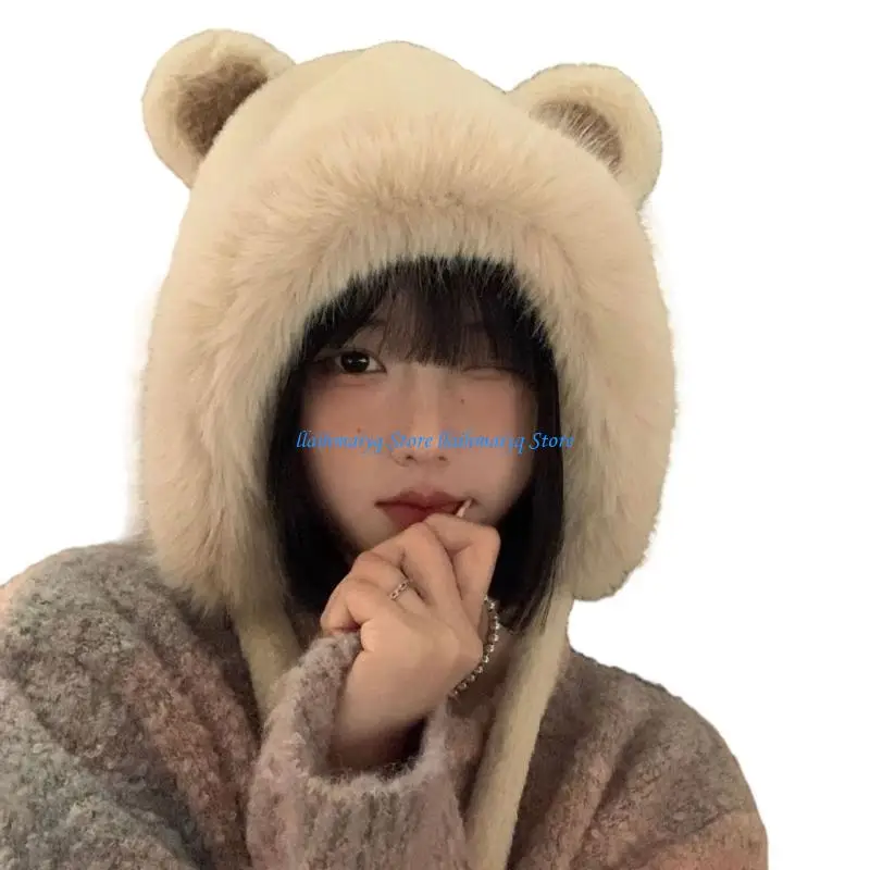 

573B Thicken Windproof Ear Muff Hat for Teens Girls Bear Ear Plush Hat Winter Warm Pullover Hat New Year Party Headdress