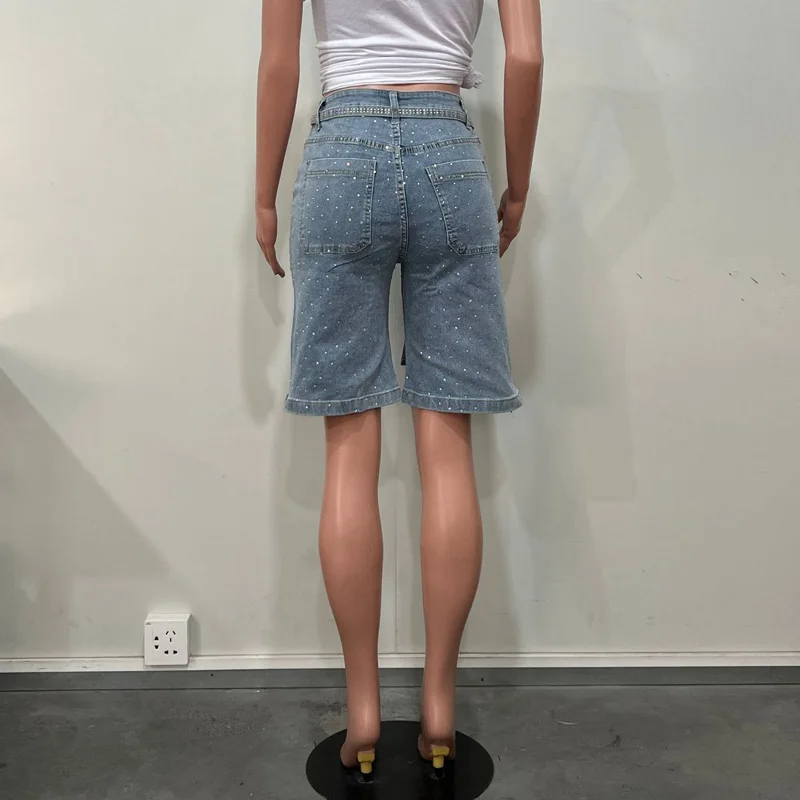 Benuynffy Streetwear Rhinestone Half Denim Pants Women's Summer 2025 New Vintage Mid Waisted Loose Straight Wide Leg Jeans