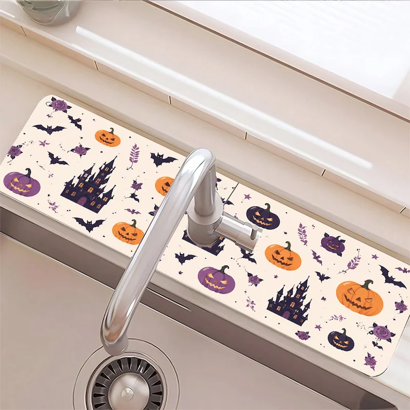 VIKAMA Halloween Castle Pumpkin Printed Faucet Mat Kitchen Anti Slip Mat Faucet Absorbent Mat Home Decoration