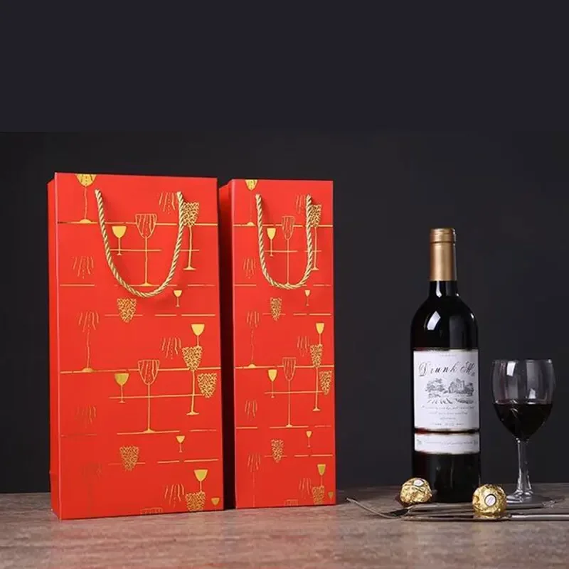 12pcs Handheld Red Wine Bag Portable Folding Wine Gift Packaging Rectangular Gilded Tobacco Wine bottle Gift packing Box