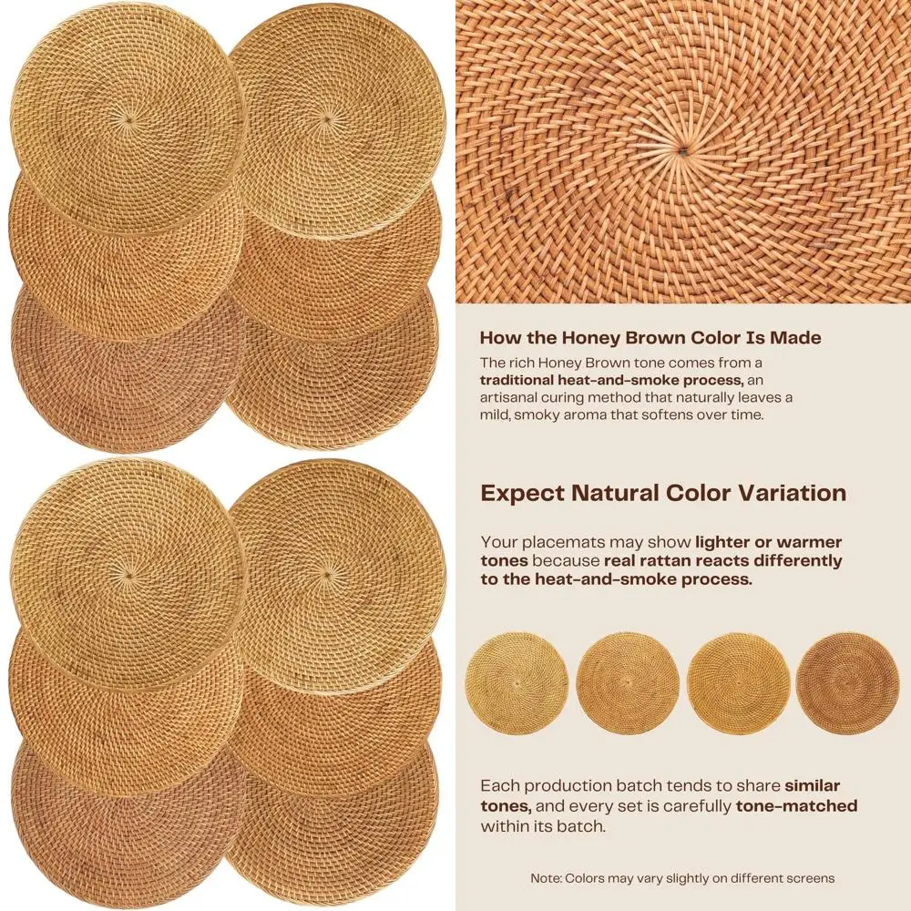

13 Round Rattan Table Mats - 6-Pack, Smoked Brown Woven Chargers for Dinnerware - Bohemian Kitchen Decor