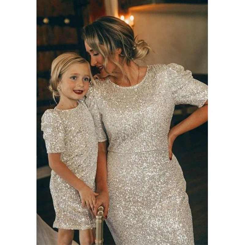 Sparkling Sequins Mother Daughter Party Dress Ankle Mommy and Me Birthday Wedding Nuptials Dress Zipper Back Photoshoot Gown