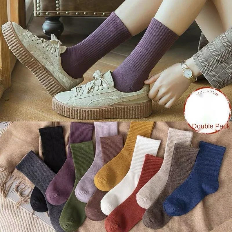 Fashion Cotton Knitted Women\'s Socks Solid Harajuku Vintage Streetwear Long Sock Japan Style Kawaii Cute Crew Sock Autumn Winter