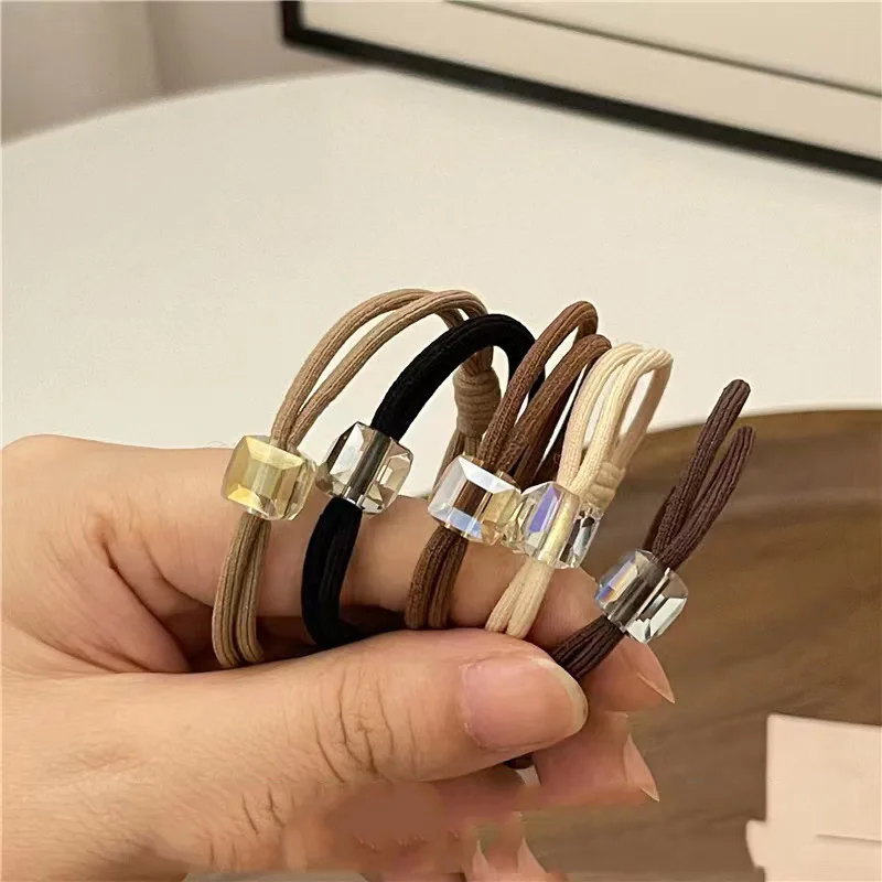 

5pcs Classic square crystal double rope headband; simple and elegant, coffee color, niche temperament, versatile hairband.