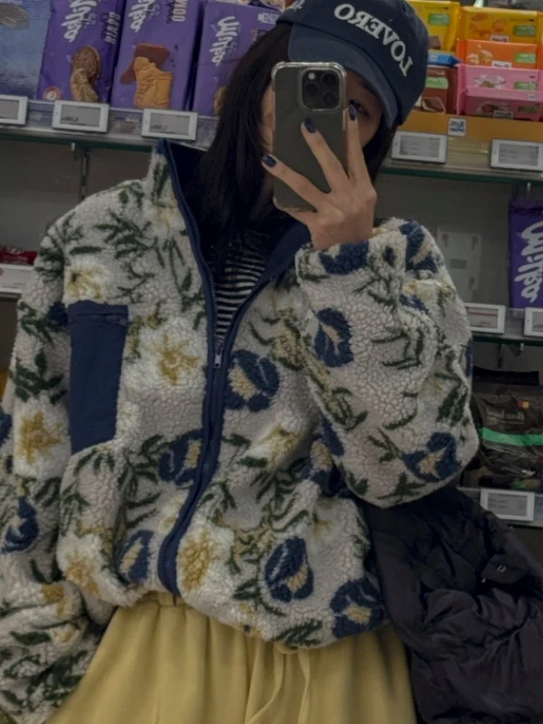 

Retro Stand Collar Zipper Anti Aging Lamb Fur Floral Patchwork ort Coat Women Winter New Lazy Sle Warmth Coat