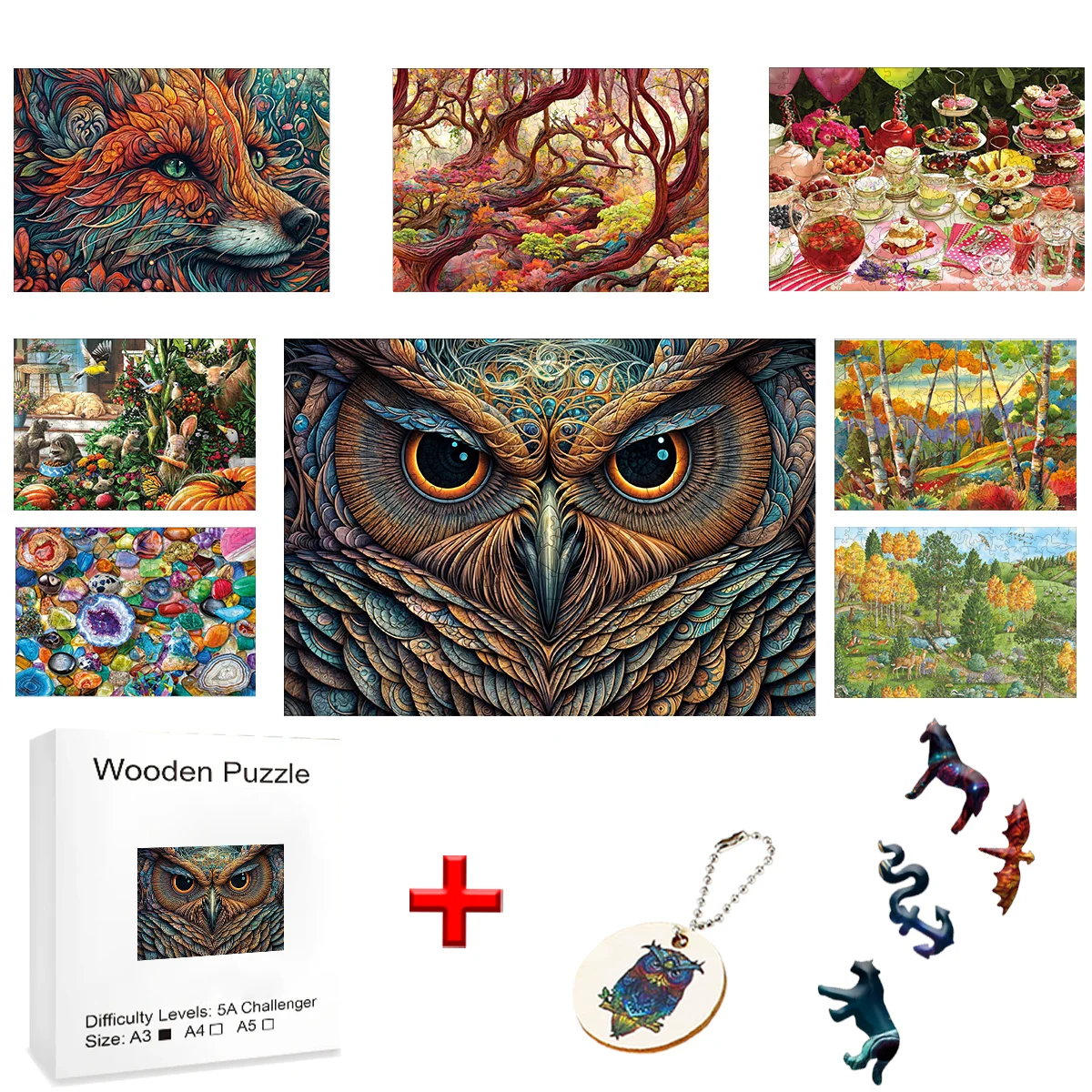 Owl Fox Wooden Puzzle Board Games for Children Adult Jigsaw Educational Gift for Kids Toys Model Kit Diy Keychain Brain Trainer