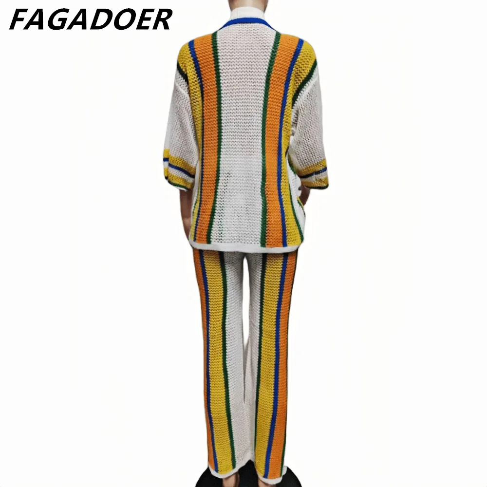 FAGADOER Knit Striped Women\'s Set Cardigan and Straight Pants Loose Suits 2024 Baddie See Through Vacation 2 Piece Sets Outfits